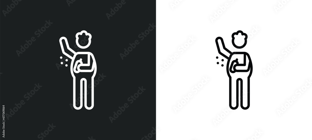 Poster man spraying deodorant line icon in white and black colors. man spraying deodorant flat vector icon 