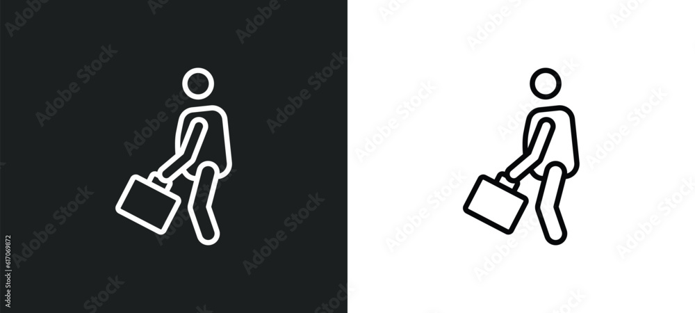 Poster going to work line icon in white and black colors. going to work flat vector icon from going to work