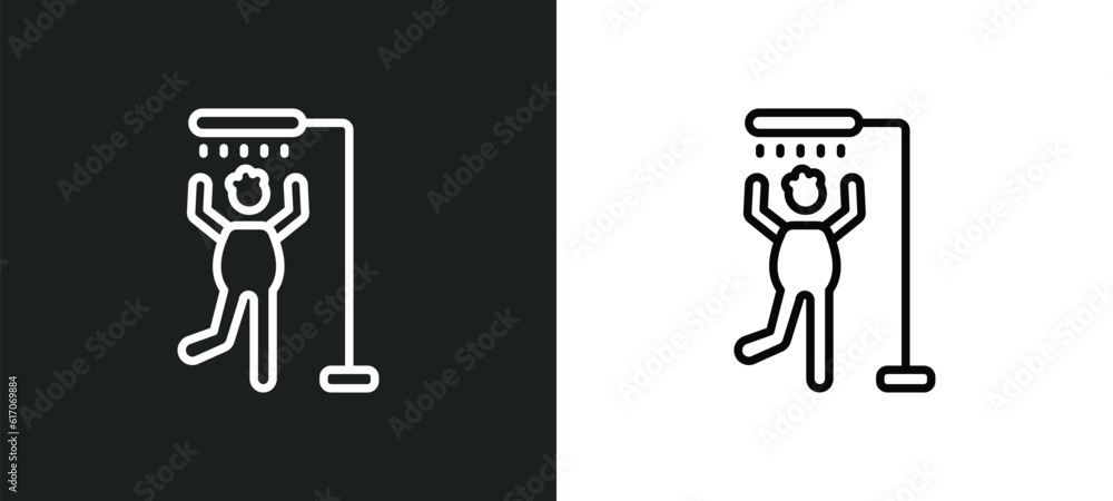 Poster man showering line icon in white and black colors. man showering flat vector icon from man showering