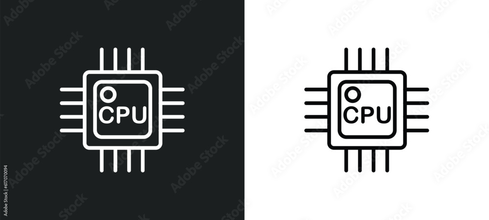 Poster cpu line icon in white and black colors. cpu flat vector icon from cpu collection for web, mobile ap