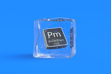 Promethium Pm chemical element of periodic table in ice cube. Symbol of chemistry element. 3d render