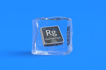 Roentgenium Rg chemical element of periodic table in ice cube. Symbol of chemistry element. 3d render