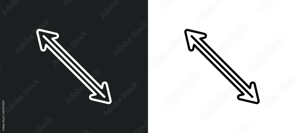Poster diagonal arrow line icon in white and black colors. diagonal arrow flat vector icon from diagonal ar
