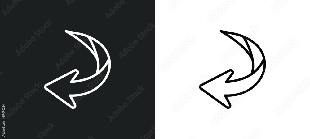 Poster curved down left arrow line icon in white and black colors. curved down left arrow flat vector icon 