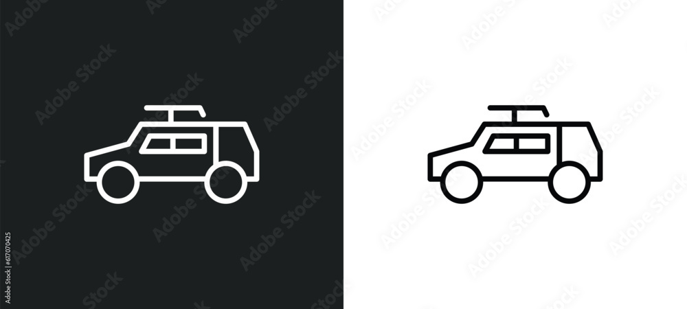 Poster army car line icon in white and black colors. army car flat vector icon from army car collection for
