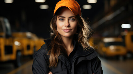 Smiling woman labor worker in industry factory logistic shipping warehouse, dressed in uniform and orange, after a successful good job