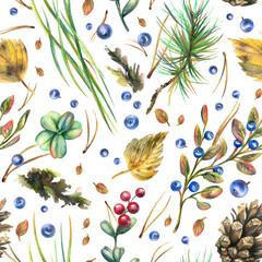 Autumn forest plants, blueberries, lingonberries, cones, leaves, pine needles, moss and grass. Watercolor illustration, hand drawn. Seamless pattern on a white background.
