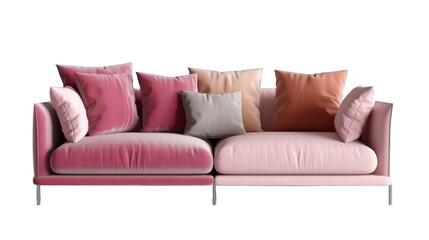 Fototapeta na wymiar Pink sofa with various colours pillows isolated on transparent or white background