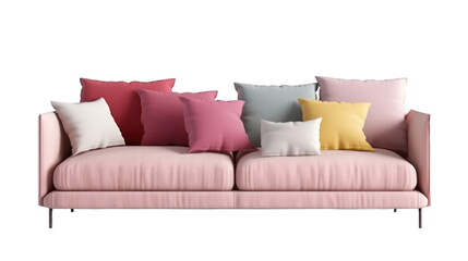 Pink sofa with various colours pillows isolated on transparent or white background