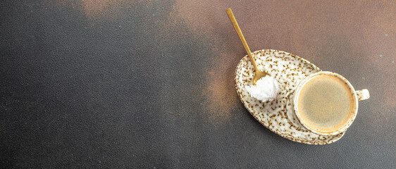 Coffee with organic butter and MCT coconut oil. Ketogenic diet. Low carb high fat breakfast. Healthy food concept. Long banner format. top view