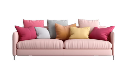 Pink sofa with various colours pillows isolated on transparent or white background