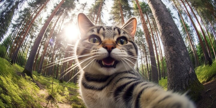 Smiling cat take selfie, concept of Feline expression, created with Generative AI technology