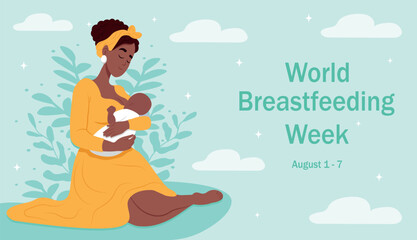 World Breast feeding Week. Happy motherhood and childhood concept. Happy loving young african woman mother feeding her baby with breast milk.