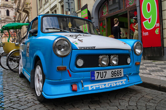 Prague, Czech Republic-August 21,2018:Close-up view of iconic Trabant  601 for rent. Vintage blue car