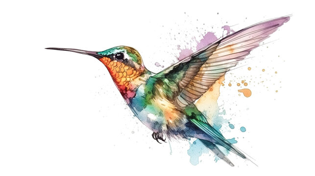 Hummingbird bird painted in watercolor, generative AI.