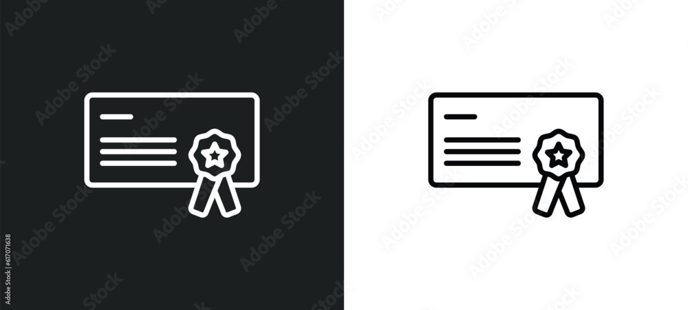 Poster rectangular certificate line icon in white and black colors. rectangular certificate flat vector ico