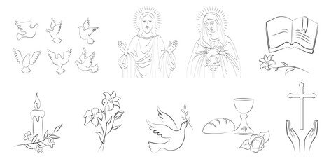 big set of bible symbols -dove, holy communion, cross, chalice and bread, bible, lily, candle and hands ,jesus; madonna- vector illustration