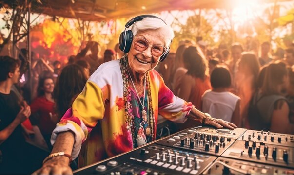 Smiling Senior Women at Fun Crowd Party with Dj and Audio Equipment, fun senior life concept