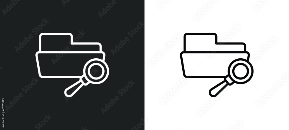 Poster search in folder line icon in white and black colors. search in folder flat vector icon from search 