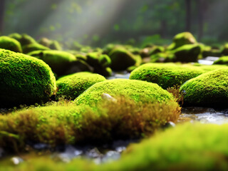 Beautiful Bright Green moss grown up cover the stones and on the floor in the forest. Show with macro view. Rocks full of the moss texture in nature for wallpaper. green trees, rays of light, mist