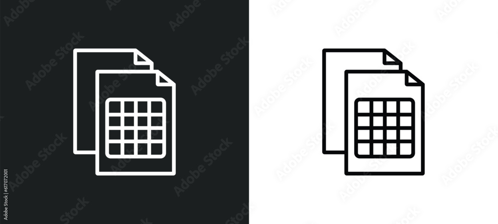 Poster document with tables line icon in white and black colors. document with tables flat vector icon from
