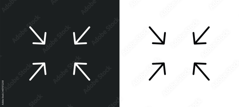 Poster exit full screen arrows line icon in white and black colors. exit full screen arrows flat vector ico