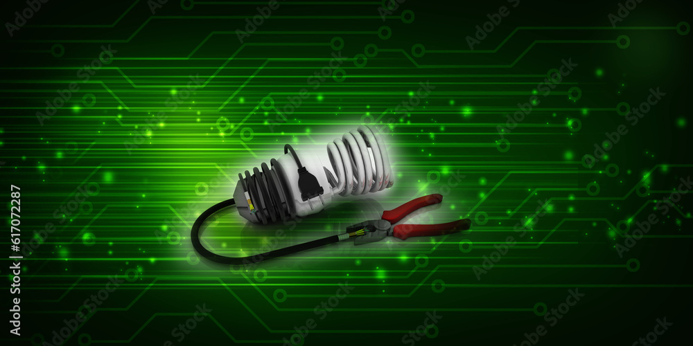 Poster 3d rendering fluorescent cfl lamp connected cutting player