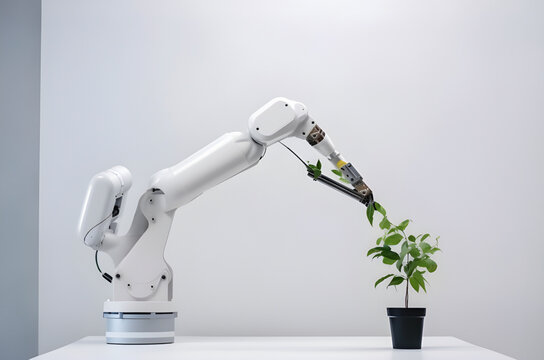 Robotic Arm, Robot Farmer Working In A Lab With Fresh Green Plants, White Background