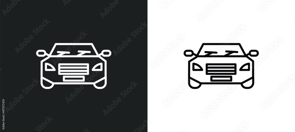 Poster car frontal view line icon in white and black colors. car frontal view flat vector icon from car fro