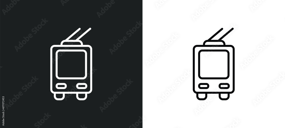 Poster trolleybus line icon in white and black colors. trolleybus flat vector icon from trolleybus collecti