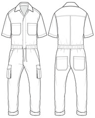 Coveralls flat sketch fashion illustration technical drawing with front and back view, Short sleeve Overalls safety uniform technical drawing sketch vector template