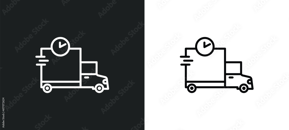 Poster shipping and delivery line icon in white and black colors. shipping and delivery flat vector icon fr