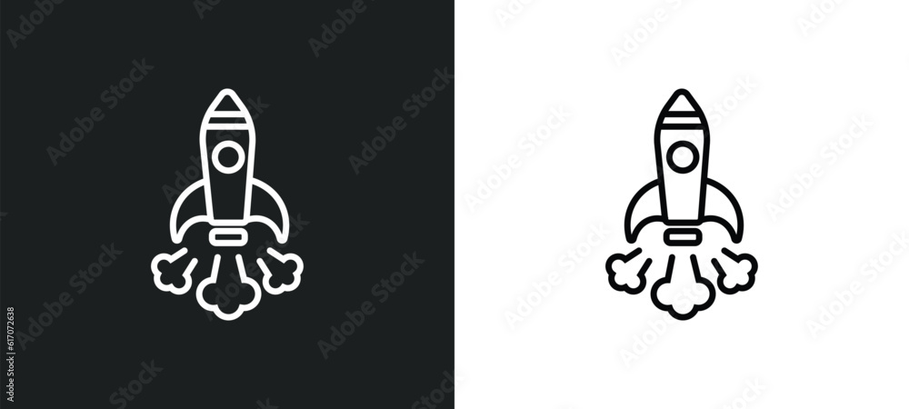Poster space rocket launch line icon in white and black colors. space rocket launch flat vector icon from s