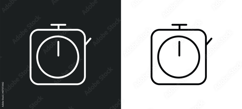 Poster timer round clock line icon in white and black colors. timer round clock flat vector icon from timer