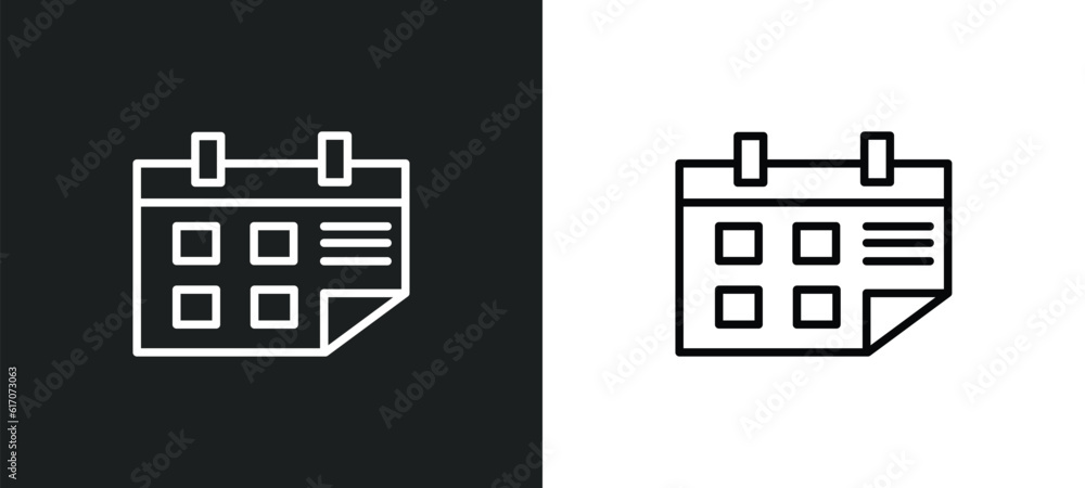 Poster calendar page line icon in white and black colors. calendar page flat vector icon from calendar page