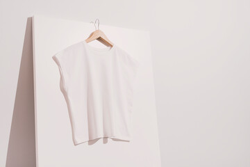 White t-shirt on wooden hanger