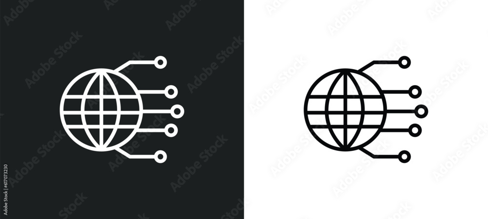 Poster globe connected circuit line icon in white and black colors. globe connected circuit flat vector ico