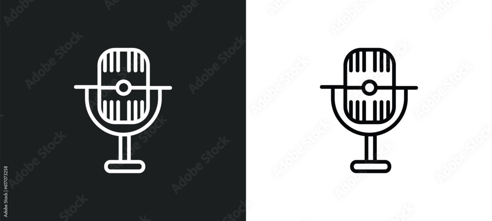 Poster retro microphone line icon in white and black colors. retro microphone flat vector icon from retro m