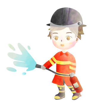 Firefighter and fire safety equipment cartoon character. Watercolor hand drawing in high quality. Firefighter, Fireman, Fire hydrant