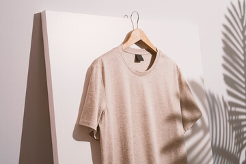 Beige t-shirt mockup, template on wooden hanger