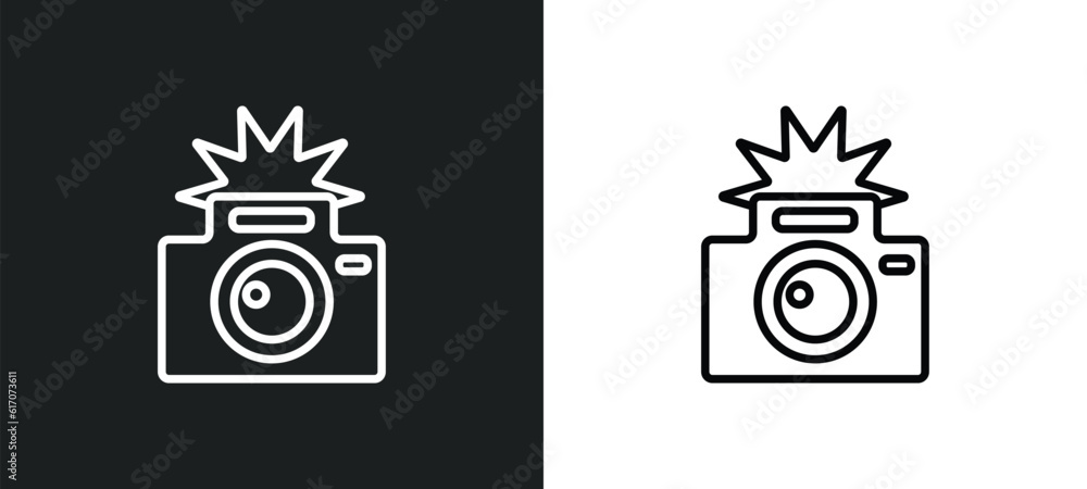 Poster camera flash line icon in white and black colors. camera flash flat vector icon from camera flash co