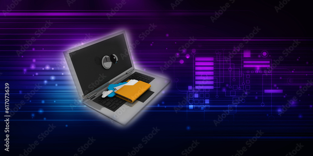 Poster 3d rendering folder on laptop with key protection