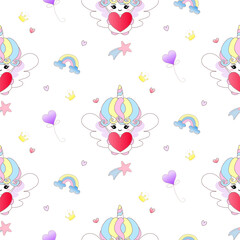 Valentine heart pattern seamless cupid and balloons heart. Unicorn Seamless pattern cupid cartoon character background for card, baby shower, Valentines day, wedding, Mother's Day , Father's Day.