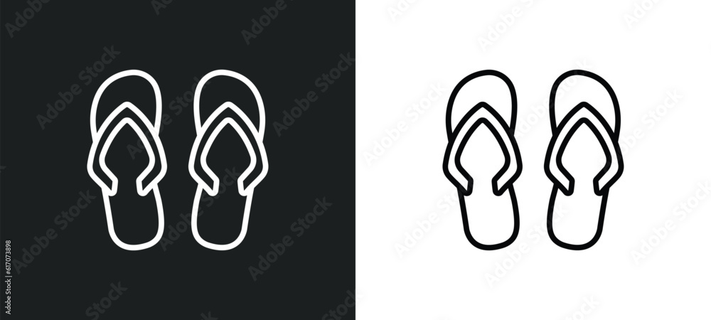 Poster pair of flip flops line icon in white and black colors. pair of flip flops flat vector icon from pai