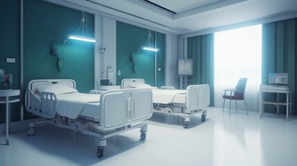 Hospital recovery room with beds. 3d rendering