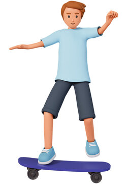 Teenage boy in shorts jump up in air on skateboard have fun joy 3d illustration