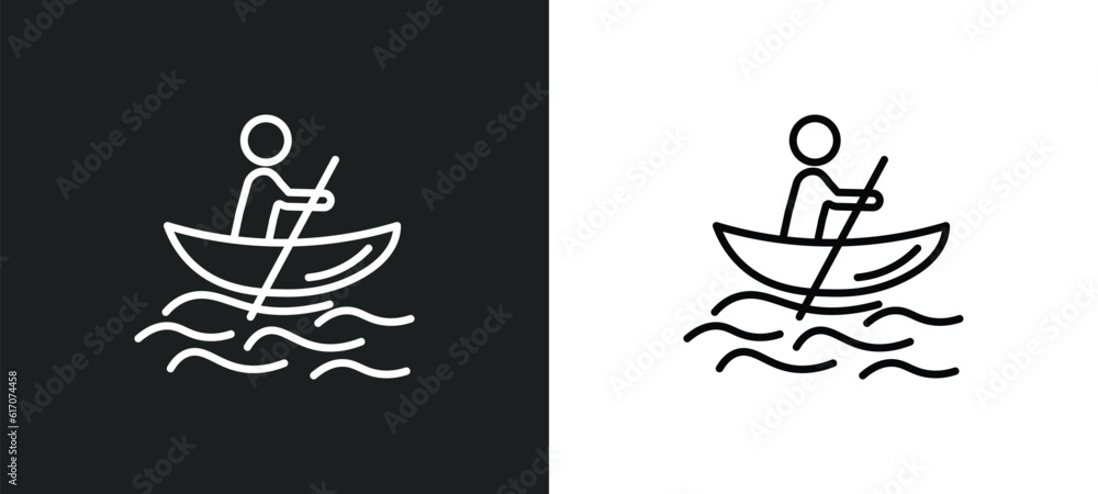 Poster man in canoe line icon in white and black colors. man in canoe flat vector icon from man canoe colle