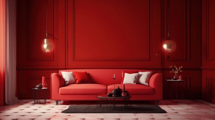 Modern classic style interior with red wall,sofa,table and lamp.Mock up.3d rendering
