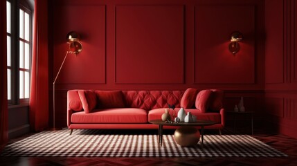 Modern classic style interior with red wall,sofa,table and lamp.Mock up.3d rendering