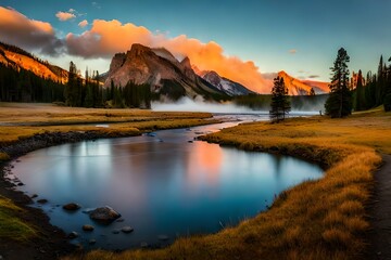 sunset over the lake by AI generating